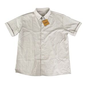 Linen Blend Button Down Short Sleeve Shirt Men L Beige Natural Minimalist Summer